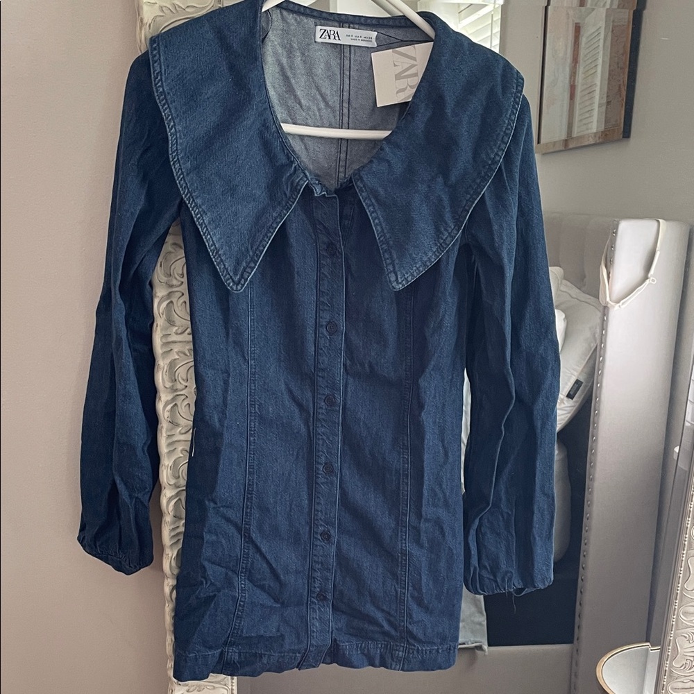 Zara Dark Blue Denim Dress with Statement Collar